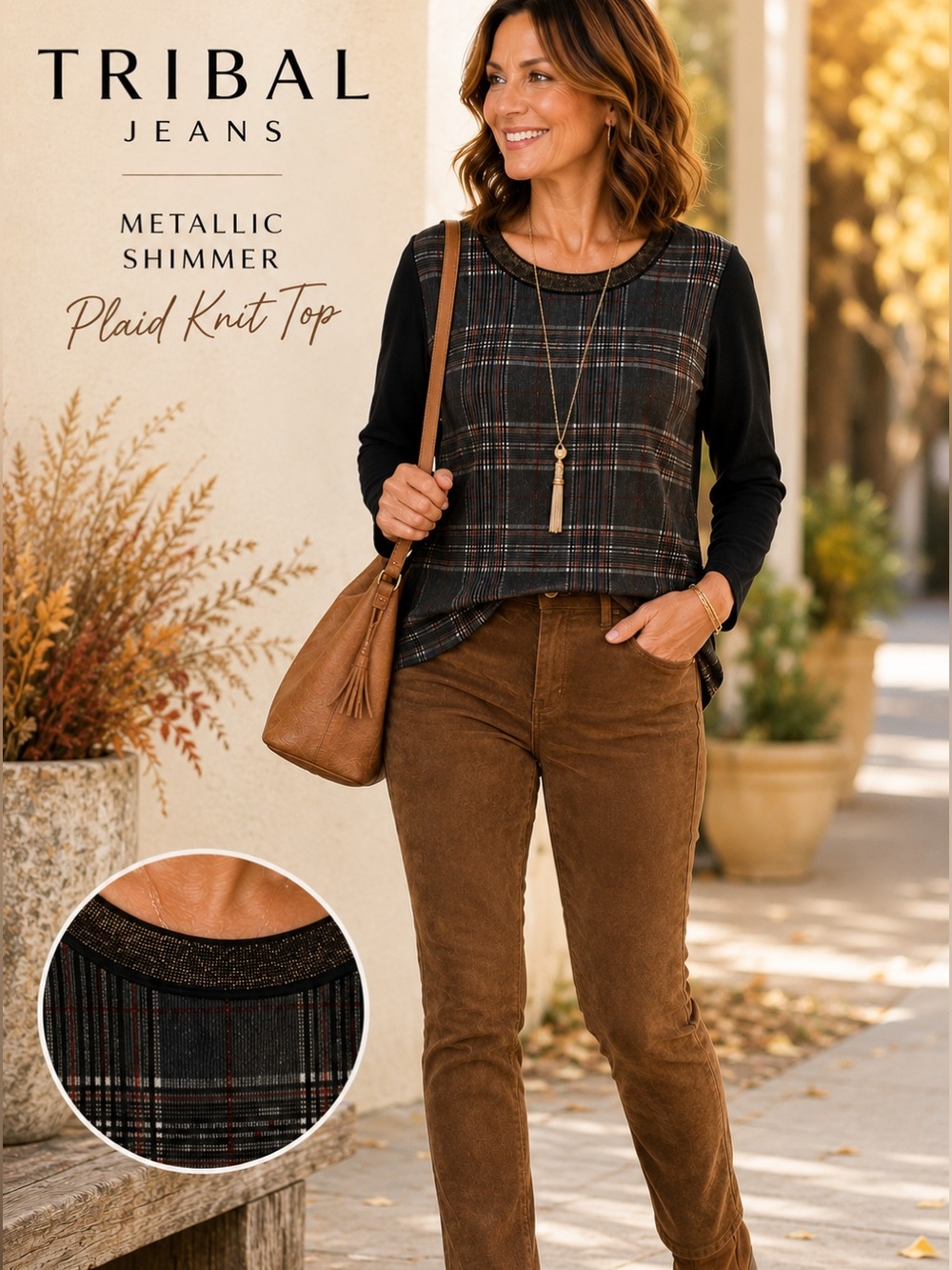 Tribal Jeans Plaid Knit Top | Metallic Shimmer Neckline | Large